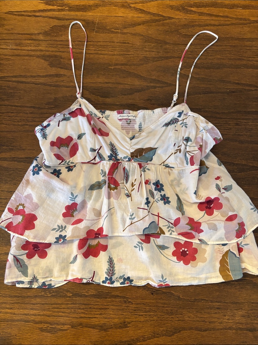 Y2K American Eagle Floral Spaghetti Strap Camisole in Cream, Pink & Blue